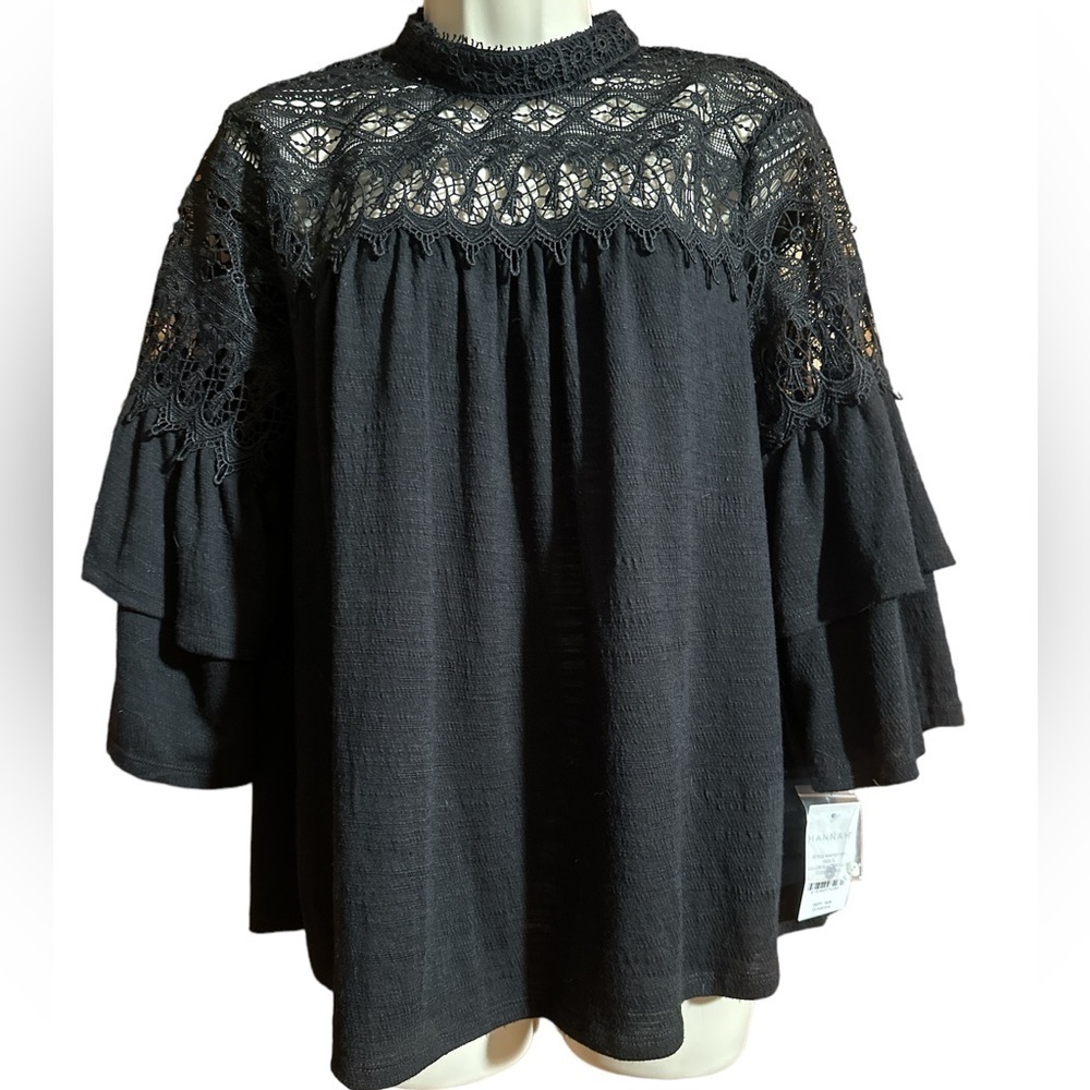 Hannah Black Mock Sheer Lace Mock Turtleneck 3/4 Sleeve Double Ruffle Blouse